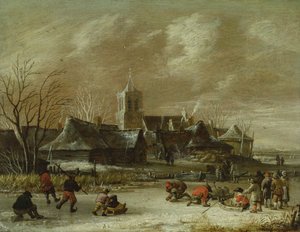 Stad in de winter met schaatsende figuren door Salomon Rombouts
